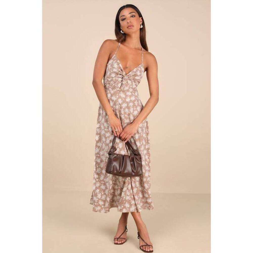 Lulus Picturesque Moments Brown Floral Print Strappy Maxi Dress - Size L